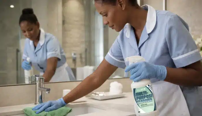 Housekeeper using eco friendly hotel cleaning products in guest bathroom