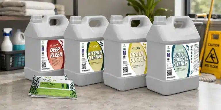 AfroECO cleaning products for schools displayed in a utility room