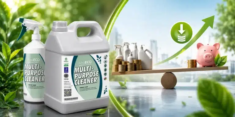 AfroECO Multi-Purpose Cleaner spray bottle and 5L container illustrating how bio-enzymatic cleaning products help businesses reduce cleaning costs through eco-friendly cleaning, drain protection, lower maintenance, and long-term operational savings.
