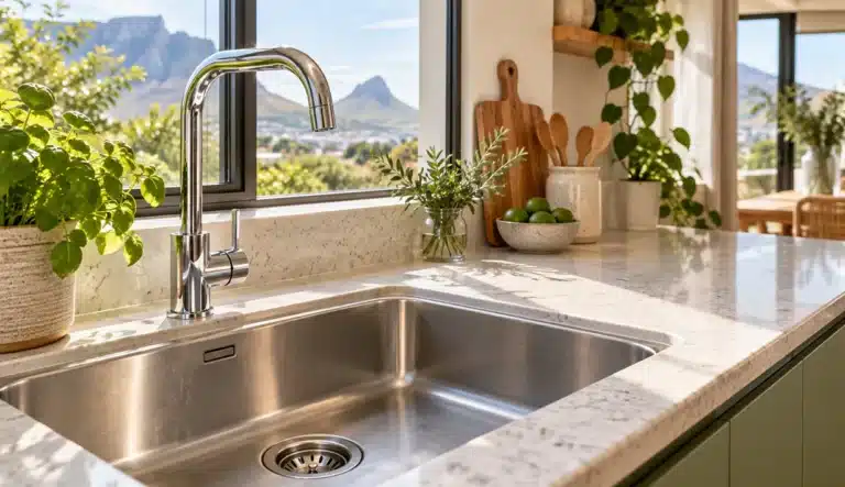 Clean kitchen sink showing how regular drain maintenance helps prevent unpleasant kitchen drain odours.