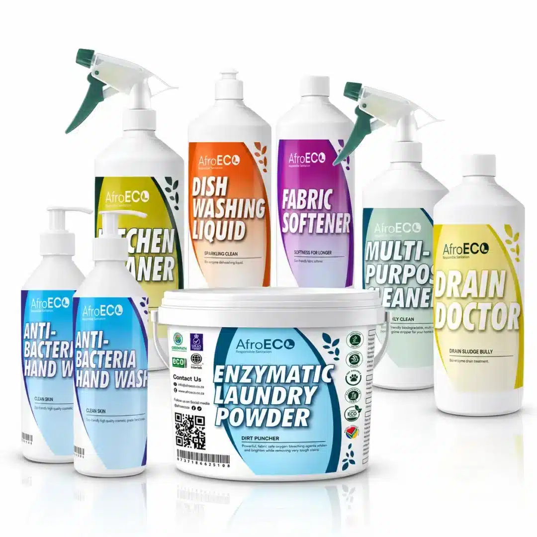 AfroECO Home Starter Pack with eight eco-friendly laundry, kitchen, drain and hand-cleaning products